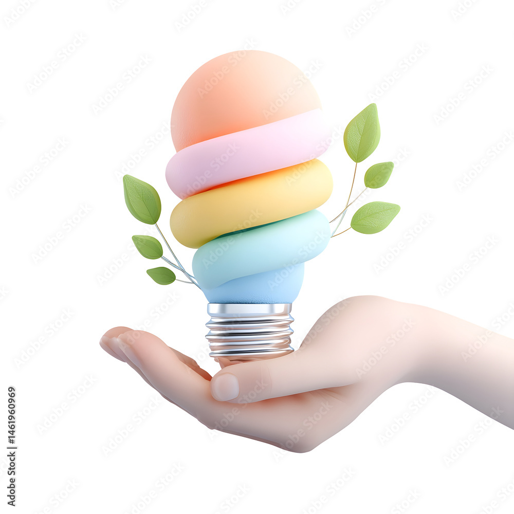 Poster a conceptual 3d render of a hand holding a glowing pastel colored lightbulb shape representing clean