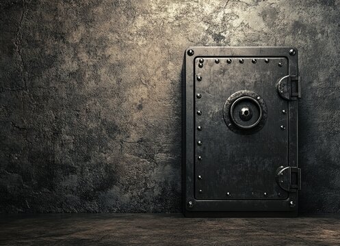 A vintage safe against a textured wall, suggesting security and storage.