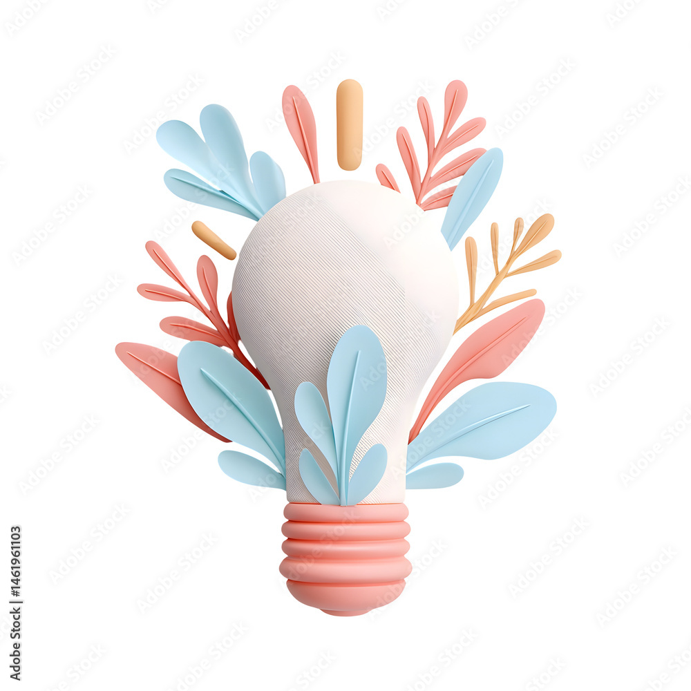 Aufkleber minimalist 3d pastel icon depicting a light bulb surrounded by organic leaf like forms symbolizing e