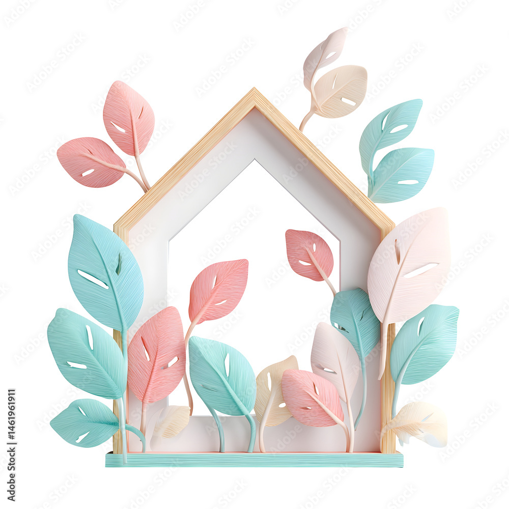 Poster minimalist 3d rendering of a pastel colored home frame surrounded by delicate curling leaves in shad