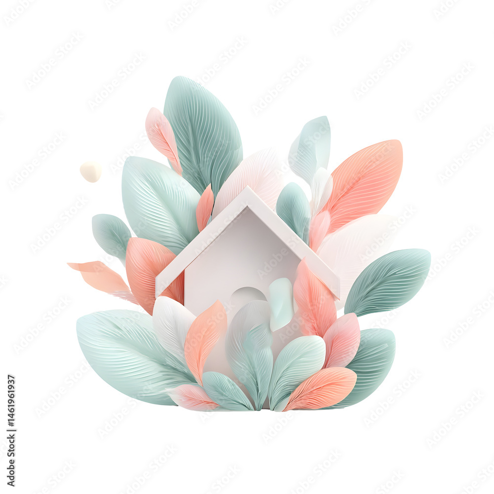 Poster a minimalist 3d render of a pastel colored house frame with delicate leaves curling around the base 