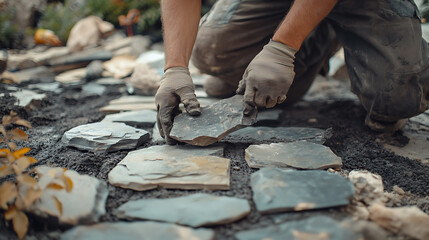 Worker Laying Stone Pathway in Garden