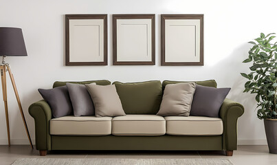Minimalist Interior Scene with Abstract Mountain Artwork, a Cozy Wooden Chair, and a Bench with Tea Set, Featuring Earthy Tones and Natural Elements for a Calm and Serene Home Decor Aesthetic