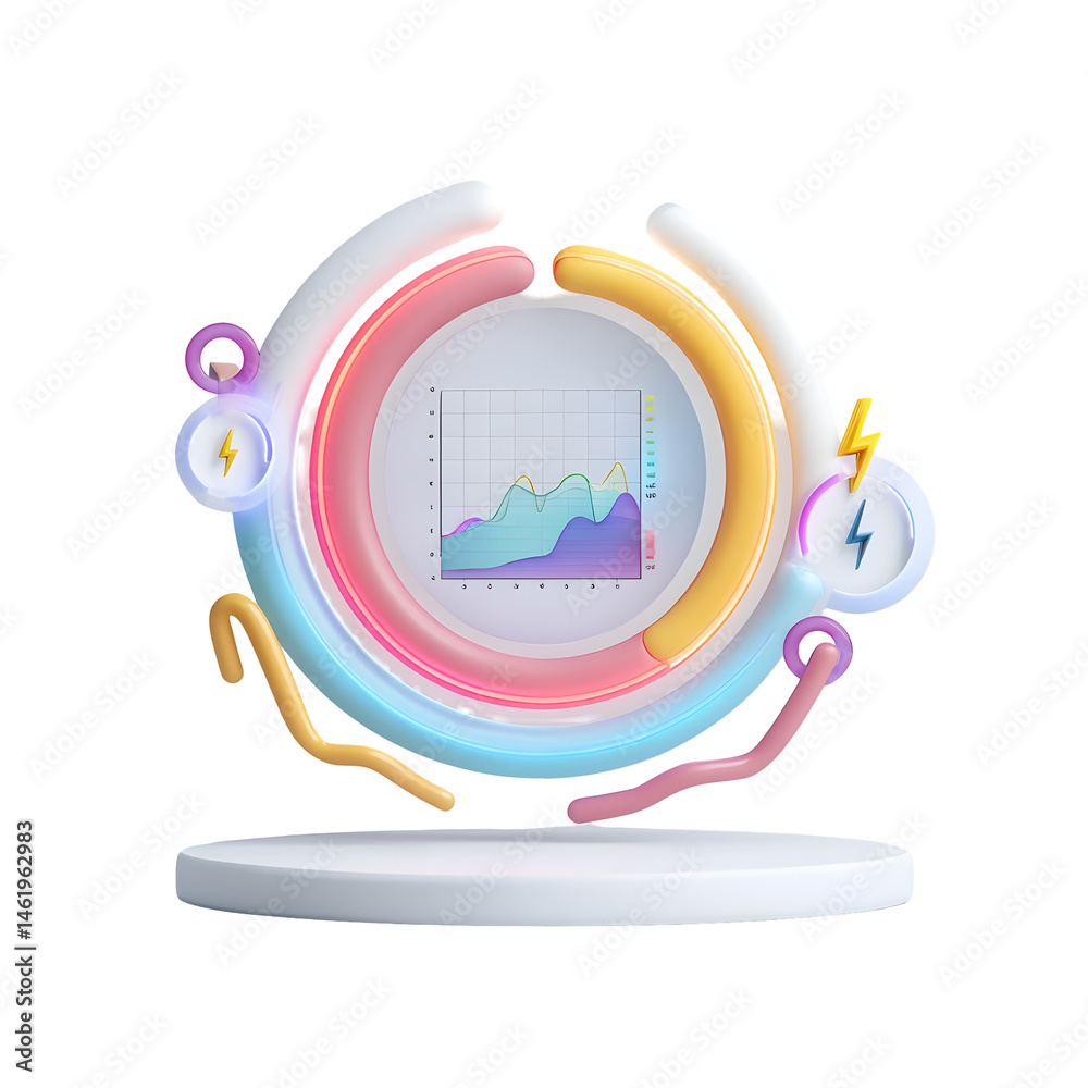 Poster A 3D rendered data visualization display featuring a floating circular electric symbol in a vibrant pastel color palette surrounded by various graph and metric elements