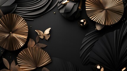 Abstract black and gold background with butterfly and decorative elements.