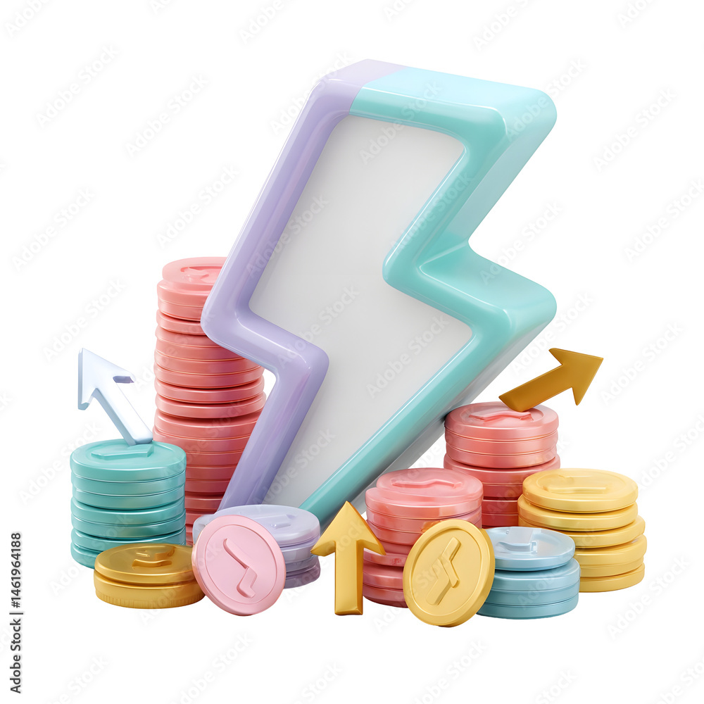 Poster playful pastel colored 3d icon depicting a lightning bolt shape directional arrows and stacks of shi