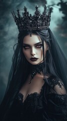 Mysterious queen in dark attire with eerie background