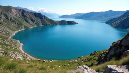 Irregular shaped lake with winding shoreline and rocky outcrops, fall, environment, pattern