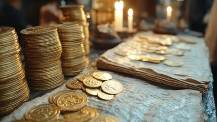 Golden Coins and Ancient Book: Stacks of glistening gold coins rest on an aged book, illuminated by the soft glow of candlelight, creating a scene of old-world treasure and mystery. - Powered by Adobe