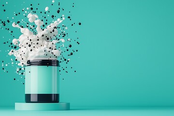 Teal jar with exploding white and black liquid