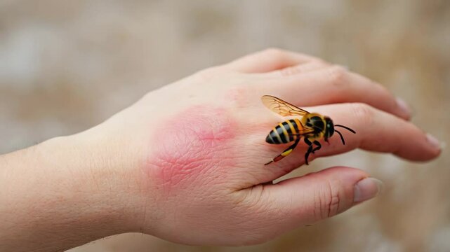 Close-up of a bee sting on a human hand showing swelling and redness, with the bee still attached