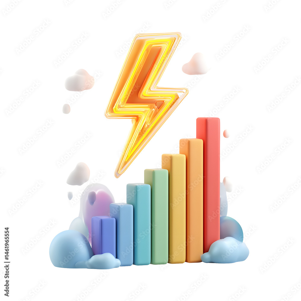 Poster A 3D pastel depicting a colorful bar graph representing power consumption data with a glowing electric bolt icon hovering above it symbolizing the energy and dynamism of the information visualized