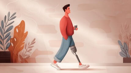 Man walking with prosthetic leg in contemporary illustration style