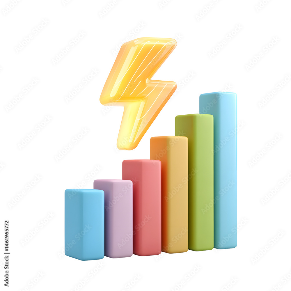 Poster Colorful pastel colored 3D data bars with a glowing lightning symbol representing energy efficiency and performance metrics isolated on a clean white background