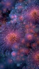 Fototapeta premium Surreal macro close-up of abstract purple and pink spherical fibers glowing with soft light ideal for dreamy digital art, floral fantasy themes and vertical phone wallpapers