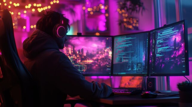 A focused young male programmer wea headphones codes on multiple monitors in a neon lit room with city skyline background image view.