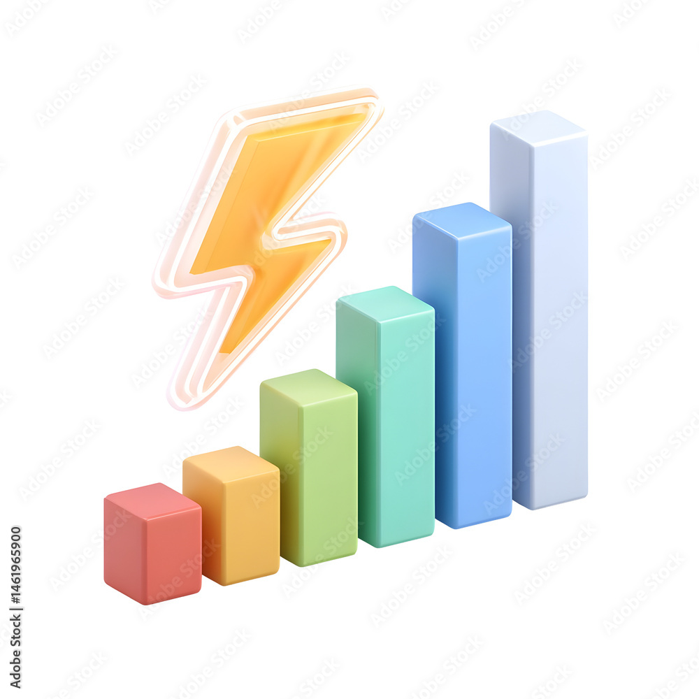 Poster A pastel colored 3D infographic displaying upright data bars representing energy efficiency metrics with a glowing lightning symbol hovering above the graph