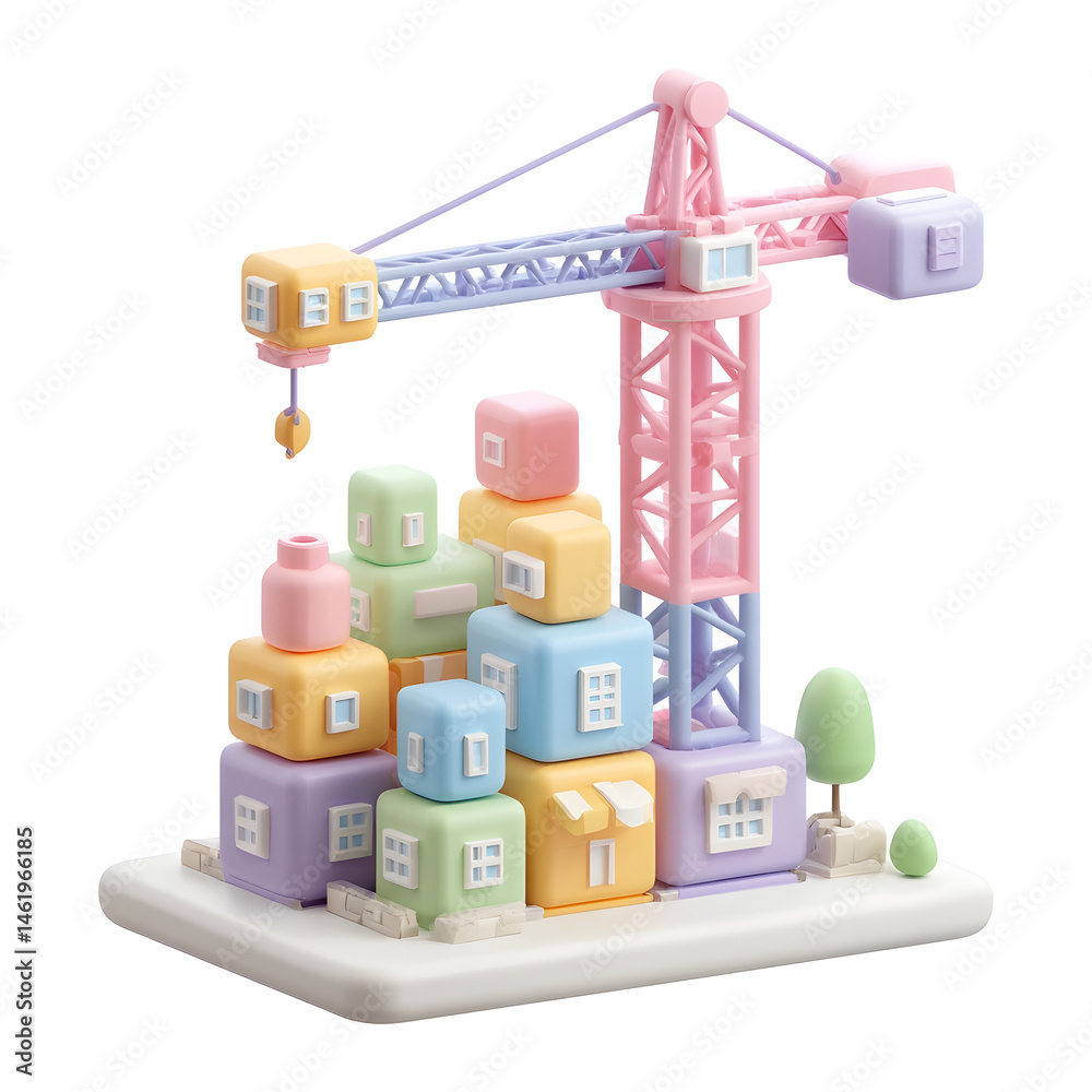 Poster a soft cheerful 3d pastel model of a tower crane and colorful building blocks depicting a playful co