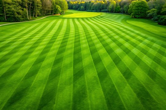 Scenic aerial view of a green golf course with mowed grass and lush trees