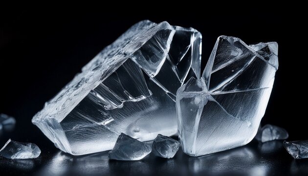 broken ice crushed textured ice with cracks on a black background close up