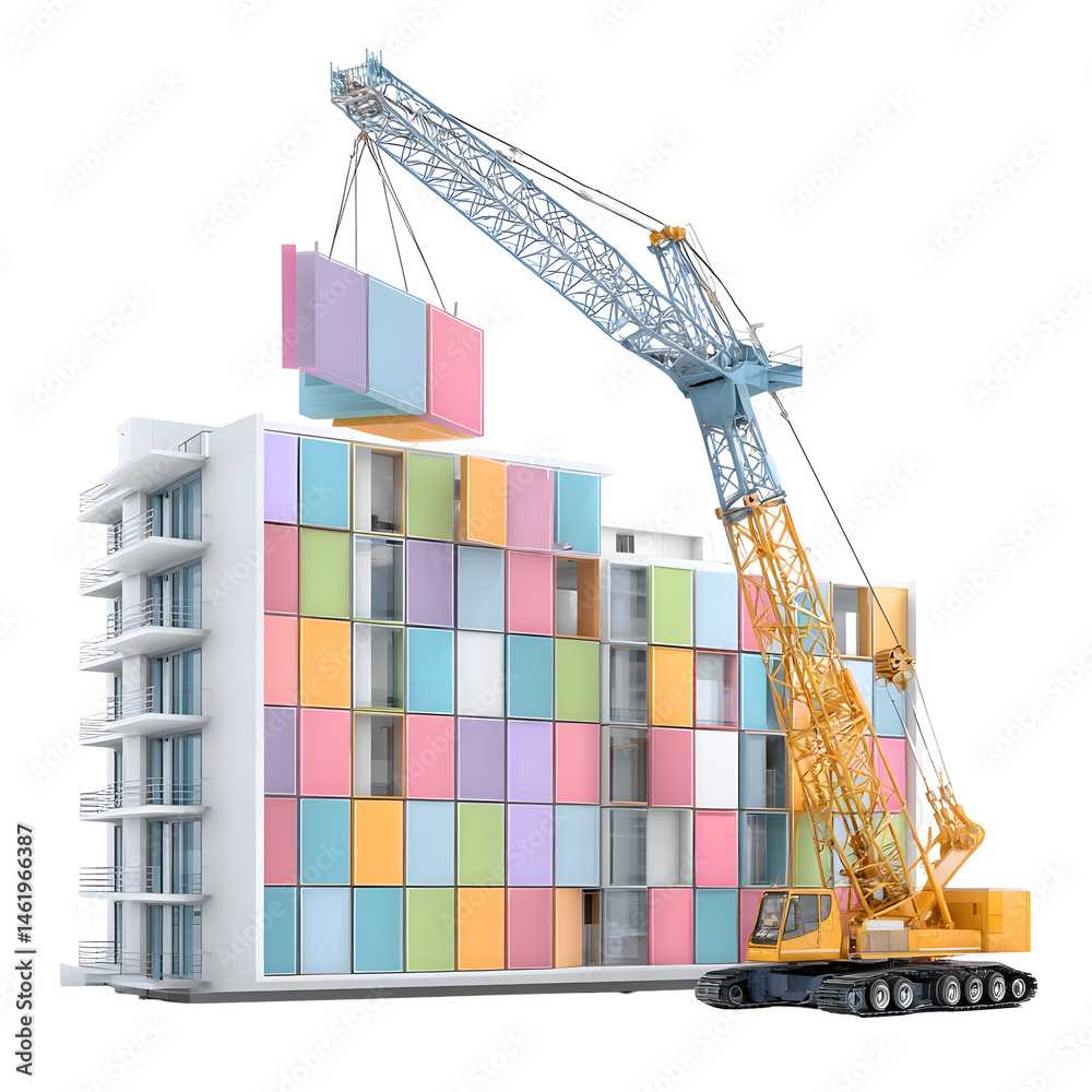 Poster colorful 3d pastel style crane lifting a prefabricated wall panel next to a building under developme