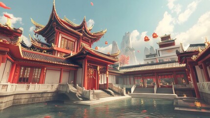 Red Chinese temple complex with courtyard, mountains, and falling leaves.
