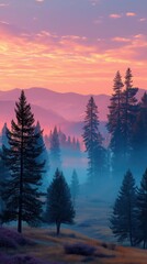 Enchanting forest landscape at sunrise with tall pine trees and colorful misty hills perfect for nature-inspired phone lock screens and tranquil seasonal wallpapers