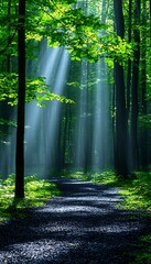 Sunlight streams through dense forest canopy