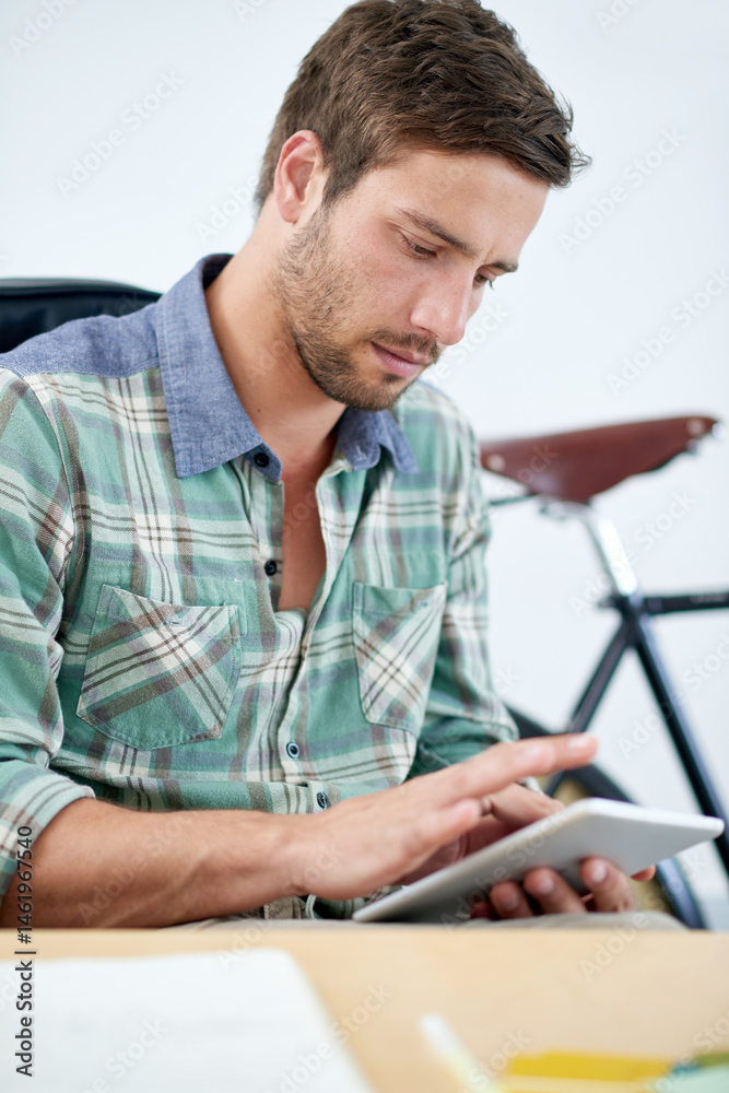 Poster Programmer, tablet and startup with office, research and creative work for entrepreneurship. Web designer, technology and website for blogging, email and networking for small business communication