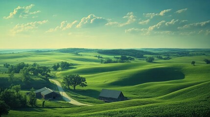 Fototapeta premium Lush green rolling hills, rural landscape