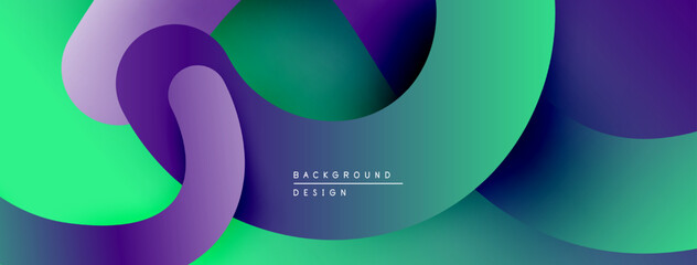 Abstract fluid shapes blend, creating vibrant gradients. Purple, green hues dominate design. Modern background element.