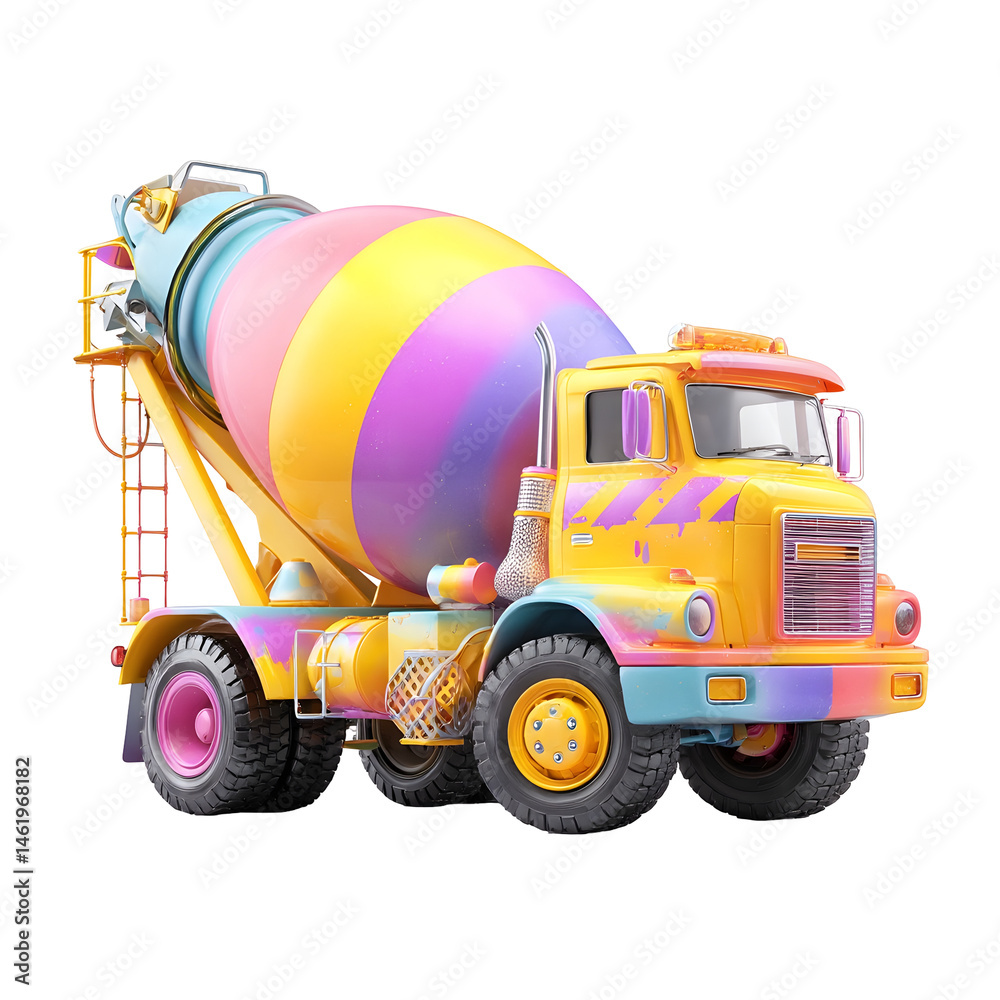 Poster a vibrant 3d of a whimsical cement mixer truck with an oversized multicolored drum set against a cle