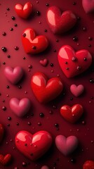 Collection of glossy red hearts arranged on a vibrant maroon background for a romantic or festive occasion