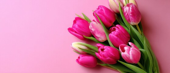Obraz premium Vibrant pink tulip bouquet on a matching pink background, symbolizing love, spring, and celebration with fresh floral arrangement