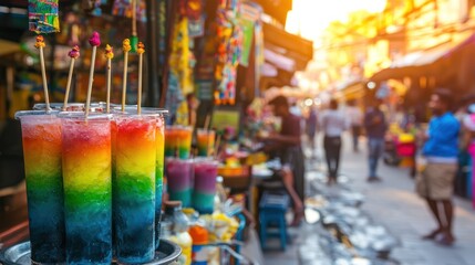 Colorful iced drinks in a bustling street market