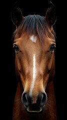Obraz premium Majestic brown horse with striking features against a black background in a close-up portrait