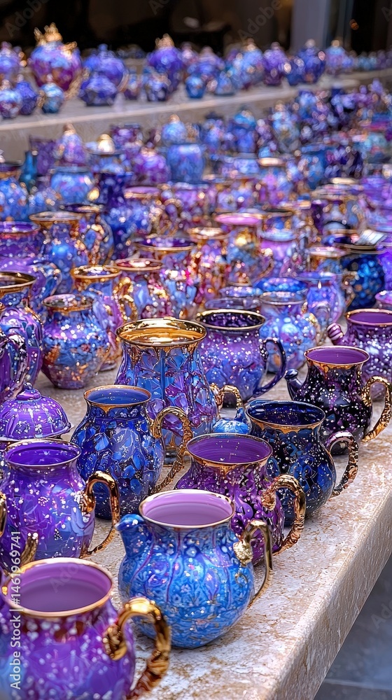 Poster elegant table set with an array of purple and blue glassware reflecting light in an artistic display
