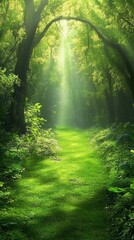 Obraz premium A vibrant green path leads through a lush forest with sunlight filte through the trees creating a peaceful and enchanting natural scenery.