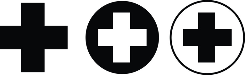 Obraz premium Plus sign icons set in flat styles. Add more symbols illustration. Addition vectors. Medical Plus silhouette for web site and mobile app design. Geometric elements isolated on transparent background.