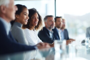 Obraz premium group of diverse professionals gather around sleek modern conference table engaged in brainstorming session discussing