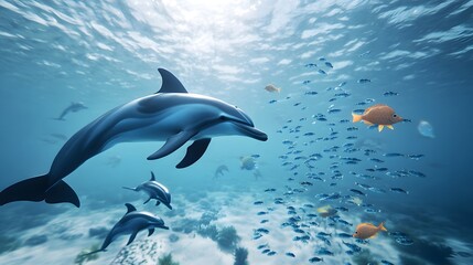 Fototapeta premium Underwater scene of dolphins and fish schooling.