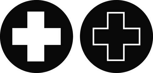 Plus sign icons set flat, outline styles. Add more symbols illustration. Addition vectors. Medical Plus silhouette for web site and mobile apps. Geometric elements isolated on transparent background.