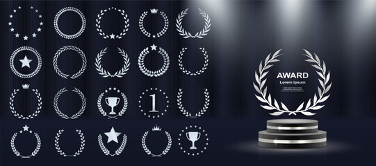 Golden laurel wreath symbolizes first place and achievement. Award badge design fits certificates and prize medals. Elegant leaf crown glows on black premium background. Vector set © Максим Славов