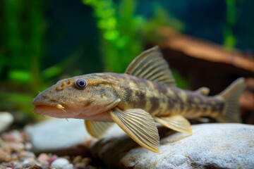 Obraz premium Close-up of Hillstream Loach Resting on Rock in Aquarium Habitat