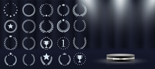 Laurel wreath badge celebrates excellence and top result. Golden leaves wrap in decorative symmetrical formation. Set includes best price, choice, and seller designs. Vector icons set