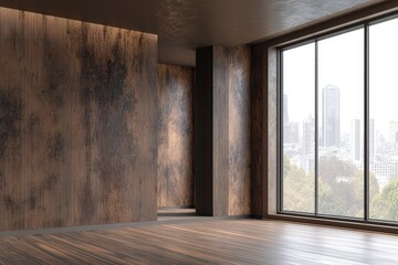 Modern empty room with dark wood paneling and city view.  Large windows showcasing a cityscape.  Stylish, minimalist interior design.  Empty space