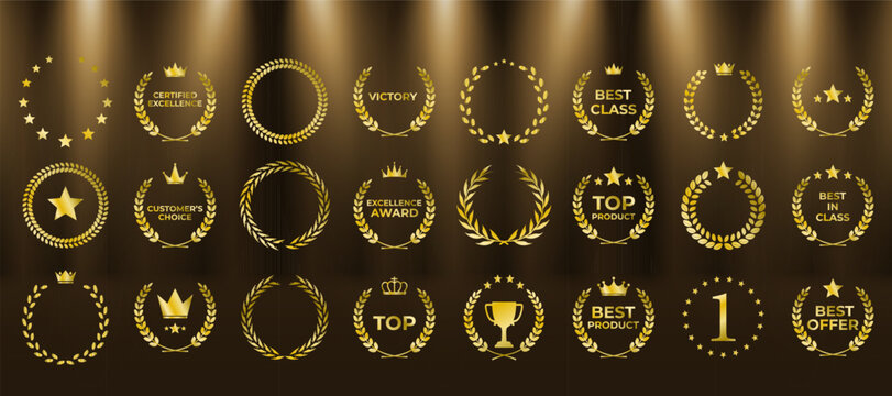 Golden laurel wreath symbolizes first place and achievement. Award badge design fits certificates and prize medals. Elegant leaf crown glows on black premium background. Vector set