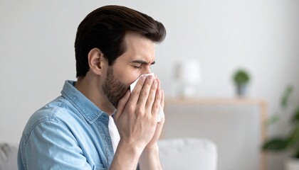 Man Sneezing in a White Handkerchief or Tissue - Symptoms of being Ill or Sick - Bacteria and Sinus Infection - Influenza, Flu, Covid, Common Cold, Germs, Hay Fever, Unwell, Runny Nose, Allergy