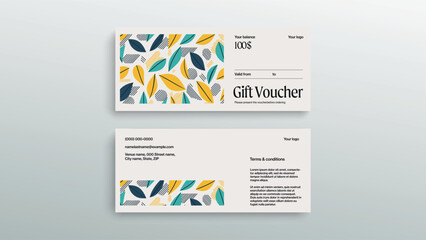 Abstract gift voucher card template. Modern discount coupon or certificate layout with geometric shape pattern. Vector fashion bright background design with information sample text.