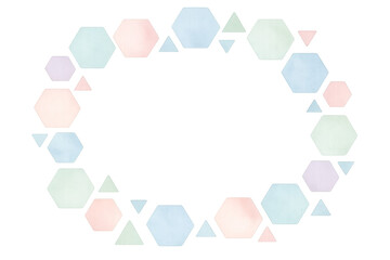 水彩幾何学フレーム パステルカラーの六角形と三角形の装飾（透明背景）